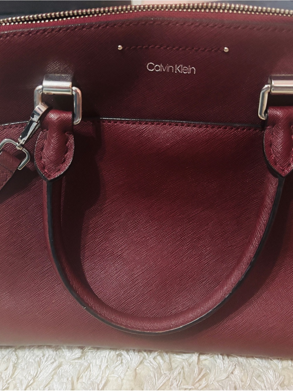 Calvin Klein Wine Saffiano Satchel with Silver Hardware